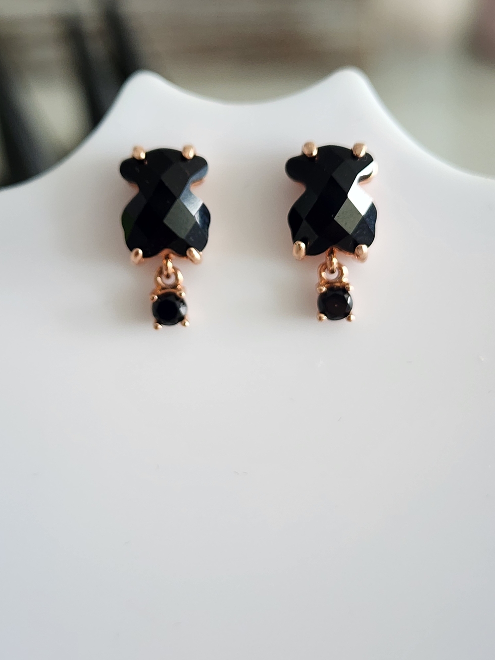 Tous Black Faceted Bear Drop Earrings in Rose Gold